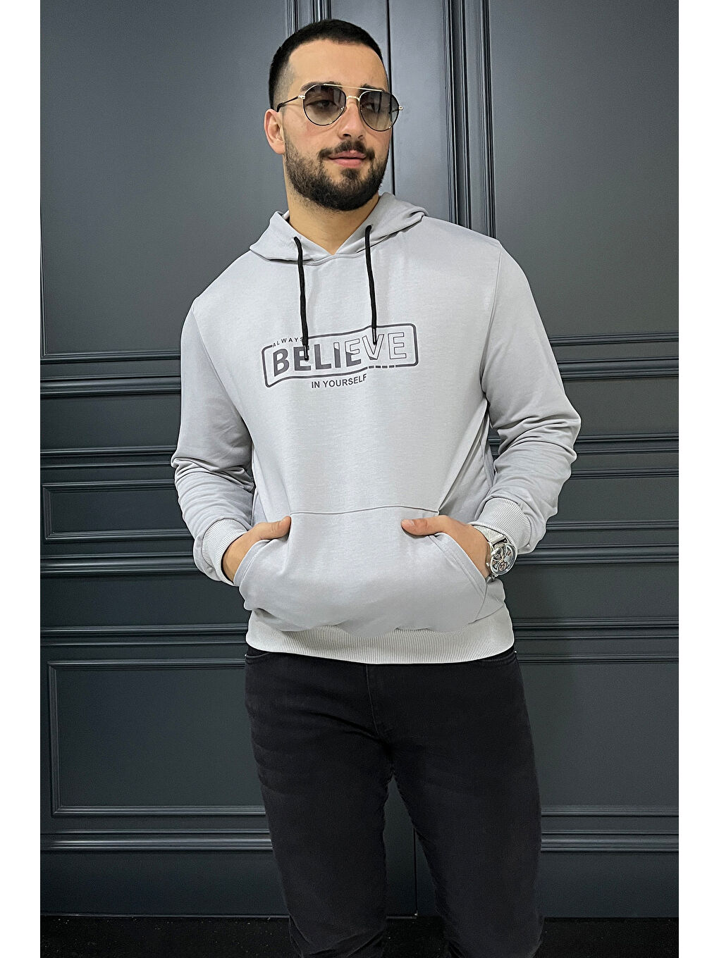 Mishar İtalia Gri Erkek Kapüşonlu Baskılı Sweatshirt