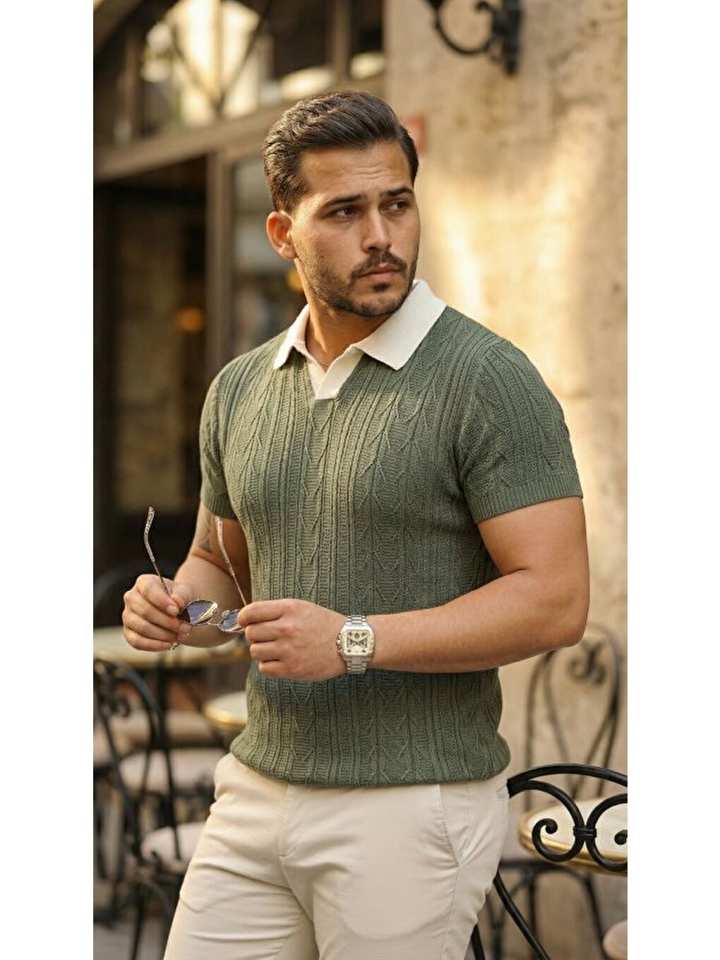 Haki Erkek Polo Yaka Triko Tişört-4