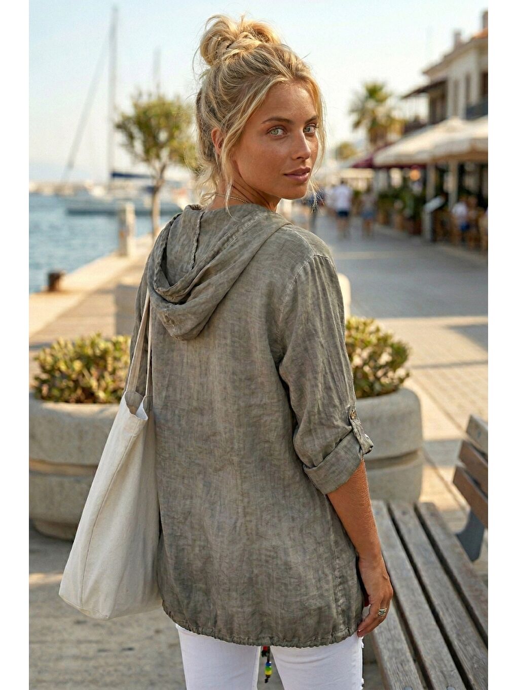 Bej Vizon 3/4 Kol Düğmeli Cepli Önü Nakışlı Casual Dokuma Ceket 70 65-1