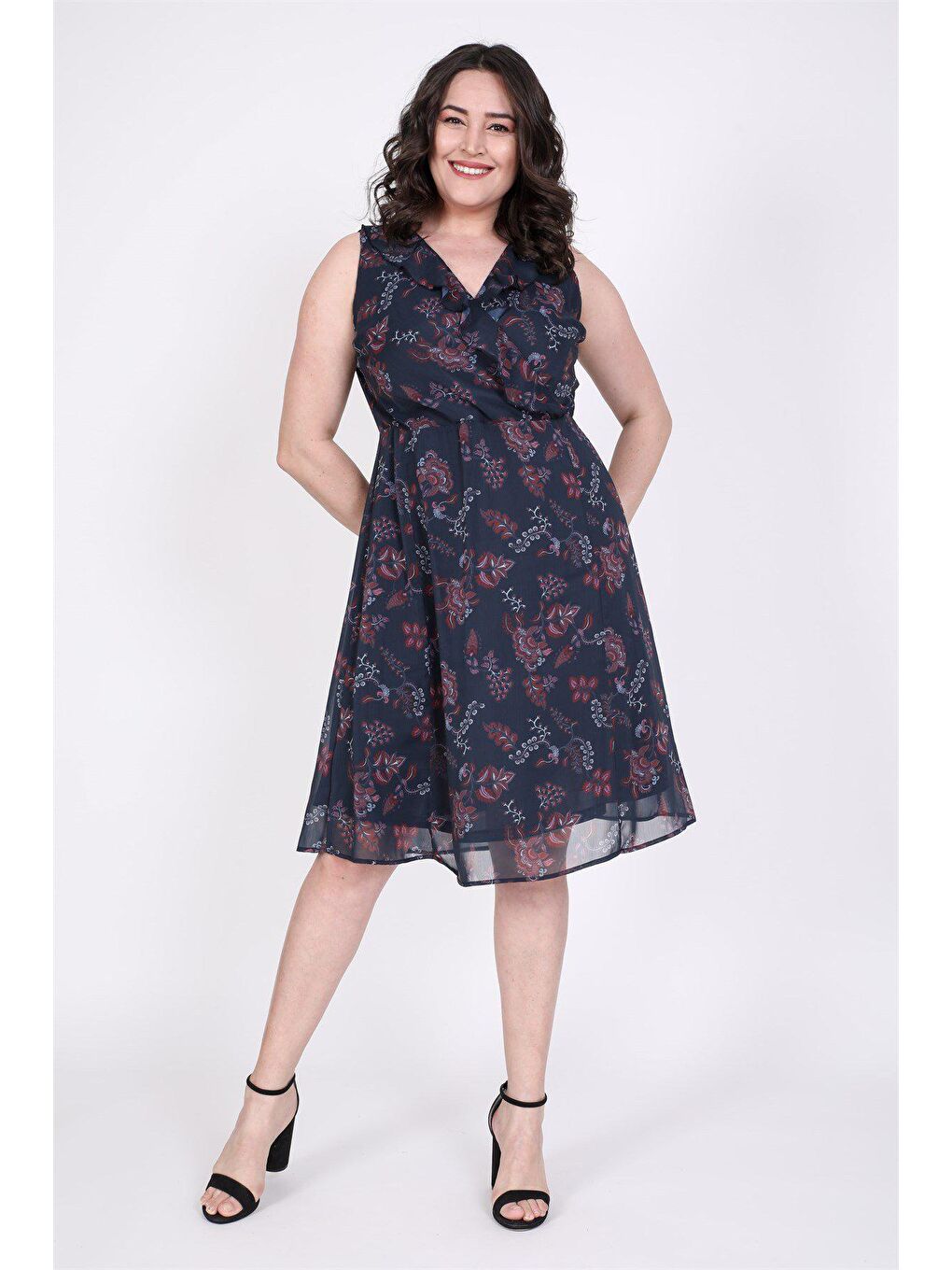 Lacivert Çapraz Biyeli Astarlı Şifon Elbise