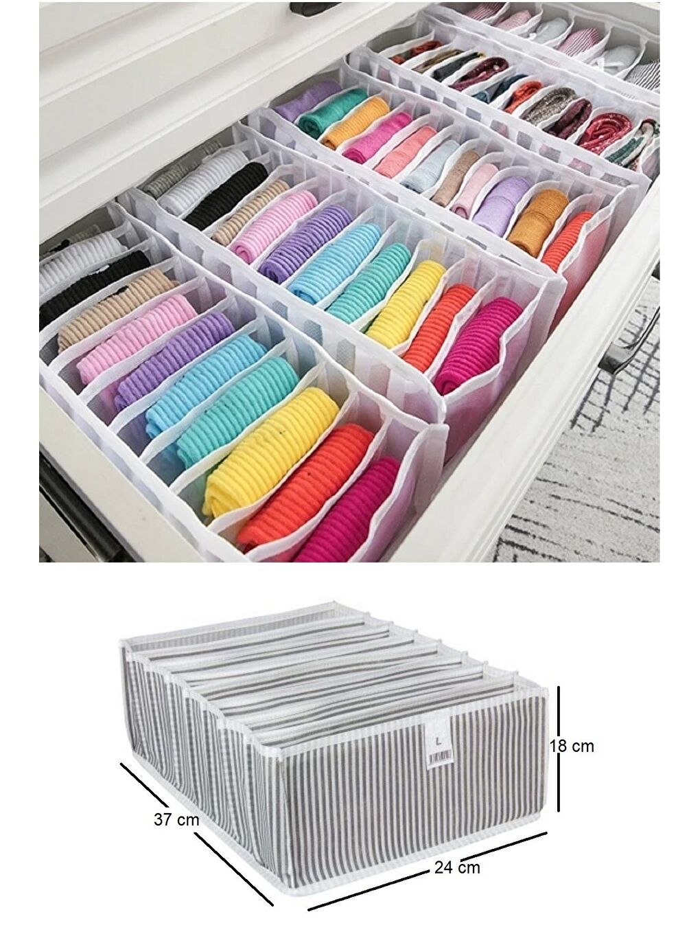 Gri 6 Adet 8 Bölmeli Çizgili Akordiyon Çok Amaçlı Çekmece Dolap İçi Organizer Düzenleyici 24x37x18 cm L-3