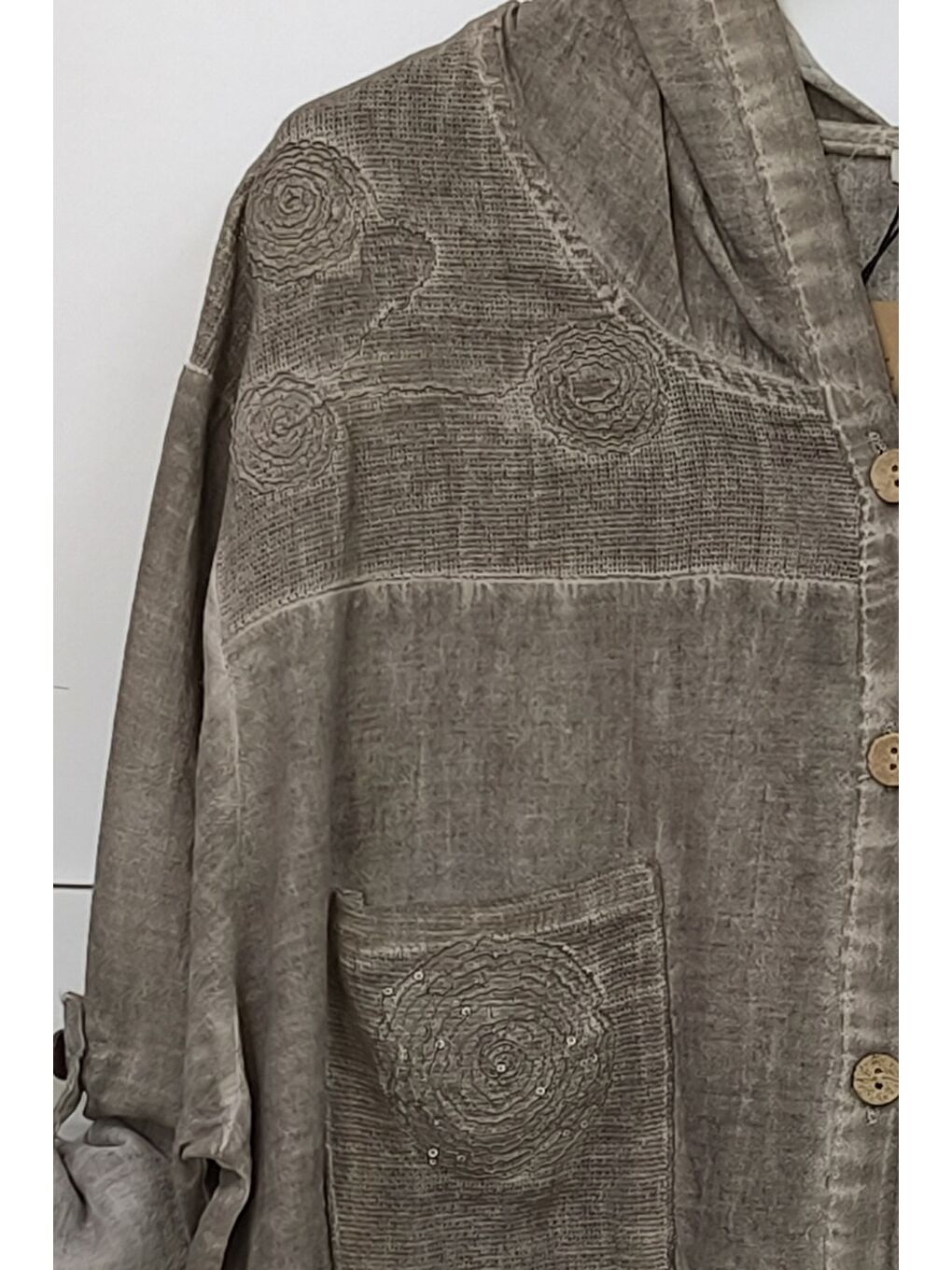 Bej Vizon 3/4 Kol Düğmeli Cepli Önü Nakışlı Casual Dokuma Ceket 70 65-2