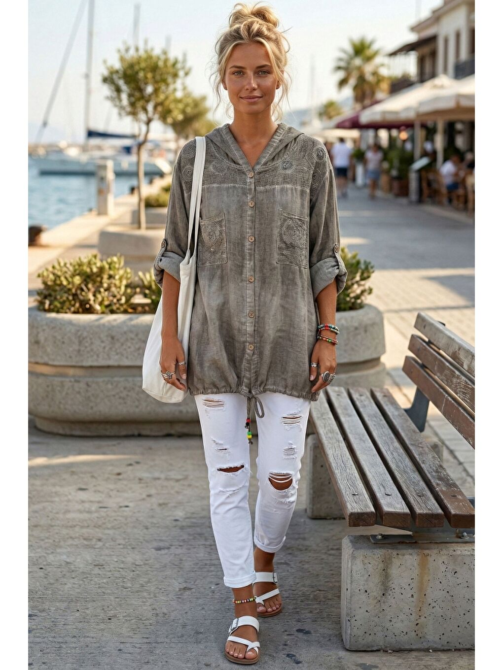 Bej Vizon 3/4 Kol Düğmeli Cepli Önü Nakışlı Casual Dokuma Ceket 70 65-4