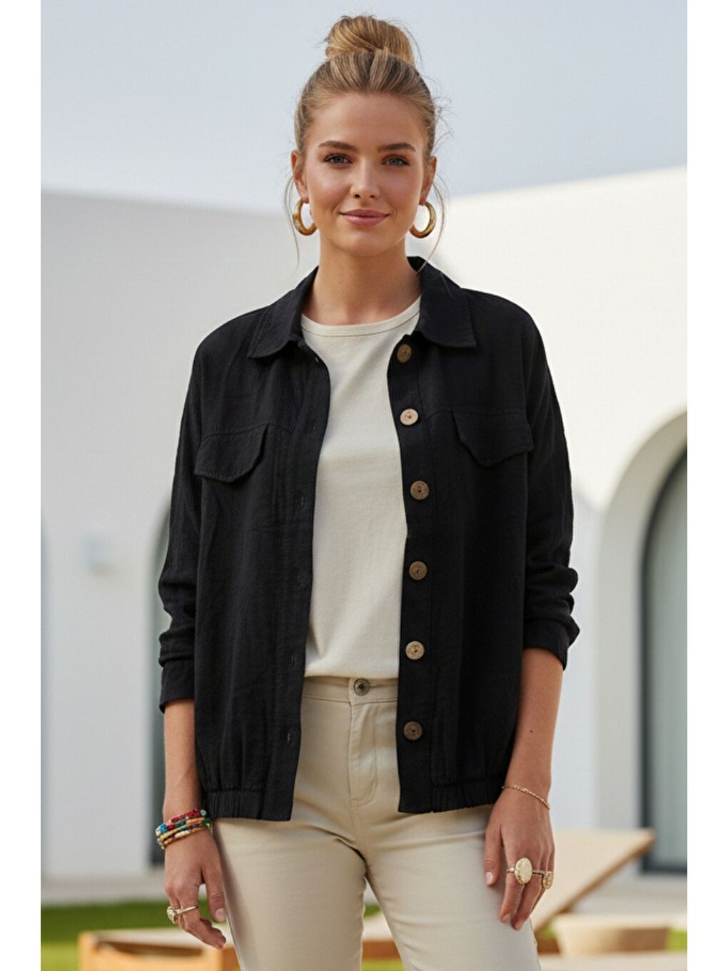 Siyah Gömlek Yaka Manşetli Kollu Çift Kapaklı Cepli Casual Keten Görünümlü Dokuma Ceket 65 65