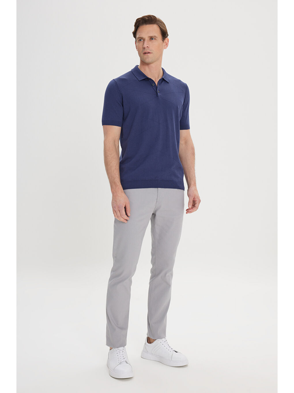 Erkek Lacivert %100 Pamuk Standart Fit Normal Kesim Jakarlı Kendinden Desenli Polo Yaka Triko Kazak-1
