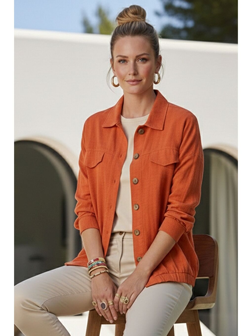 Turuncu Gömlek Yaka Manşetli Kollu Çift Kapaklı Cepli Casual Keten Görünümlü Dokuma Ceket 65 65