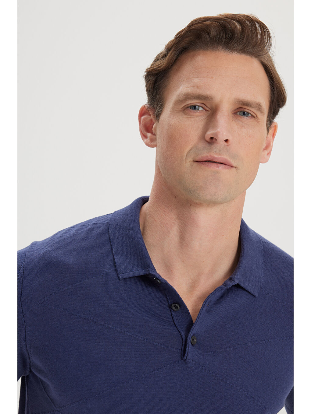 Erkek Lacivert %100 Pamuk Standart Fit Normal Kesim Jakarlı Kendinden Desenli Polo Yaka Triko Kazak-3