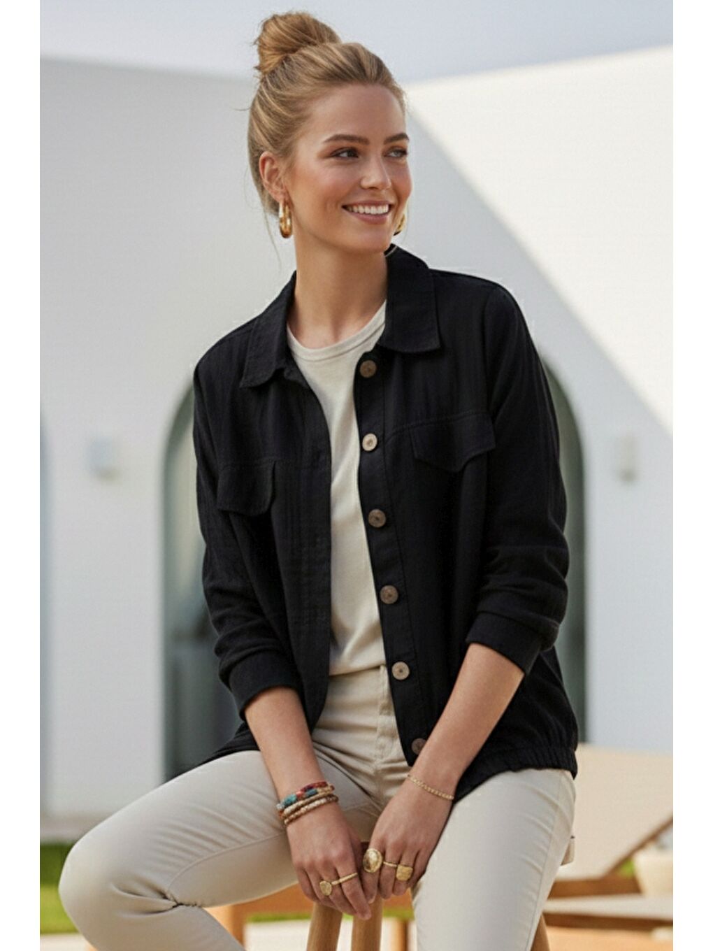 Siyah Gömlek Yaka Manşetli Kollu Çift Kapaklı Cepli Casual Keten Görünümlü Dokuma Ceket 65 65-1