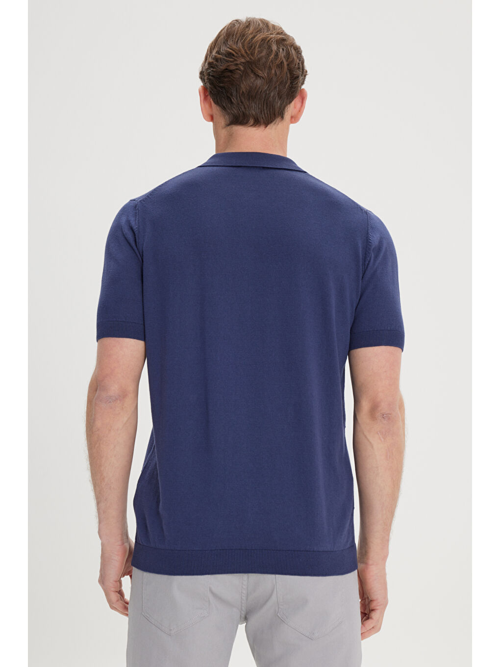 Erkek Lacivert %100 Pamuk Standart Fit Normal Kesim Jakarlı Kendinden Desenli Polo Yaka Triko Kazak-5