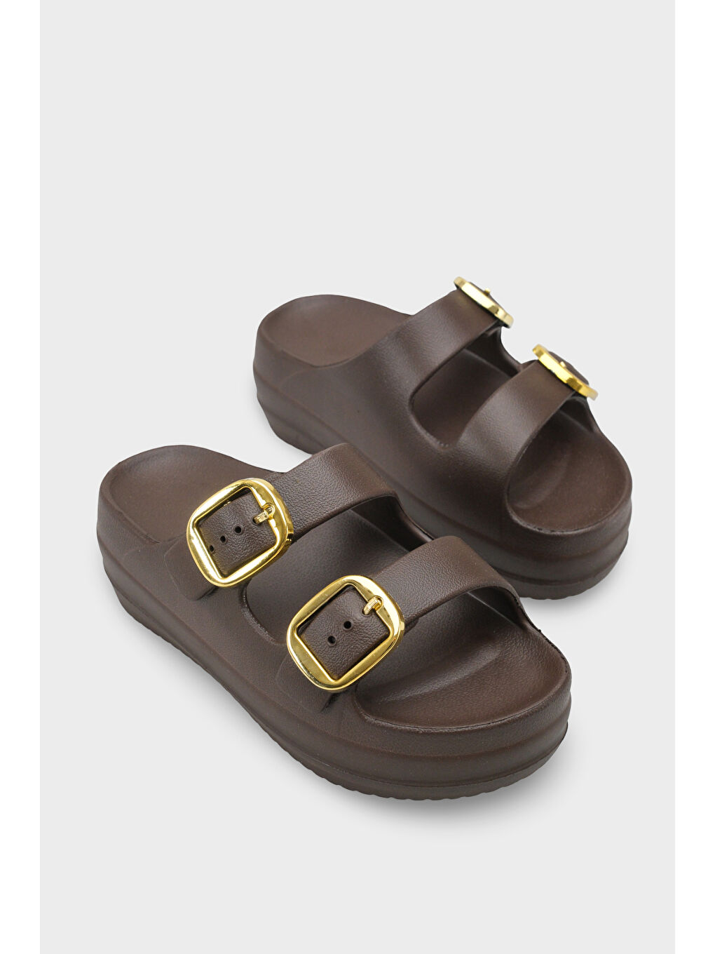 Kahverengi Nicki Eva Çift Tokalı Dolgu Tabanlı Kadın Terlik-1