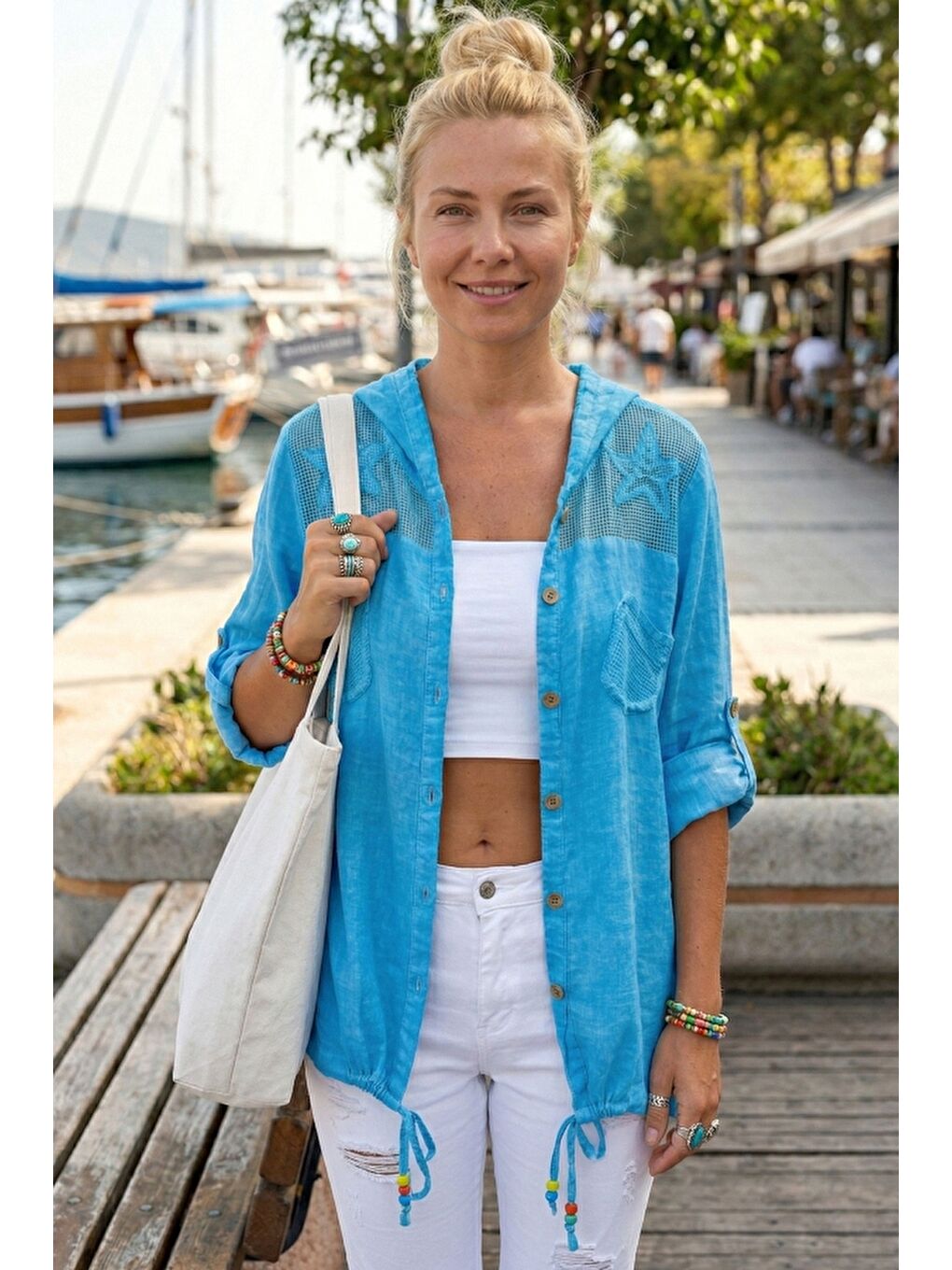 Turkuaz Uzun Kol Arkası Yıldız Desenli Omuzları File Ve Yıldız Detaylı Casual Dokuma Ceket 70 65