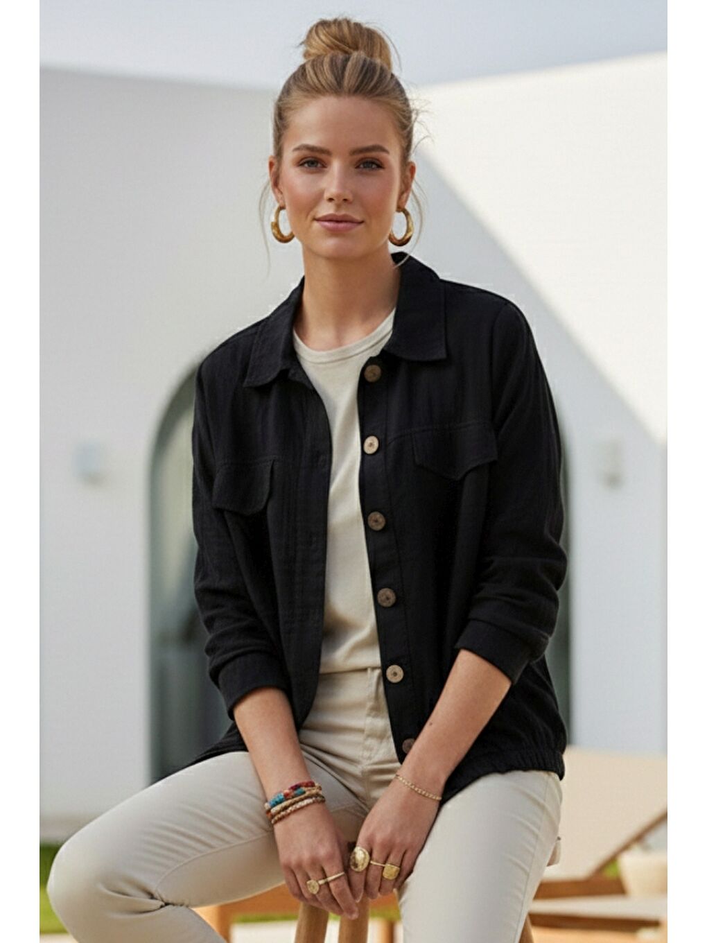Siyah Gömlek Yaka Manşetli Kollu Çift Kapaklı Cepli Casual Keten Görünümlü Dokuma Ceket 65 65-2