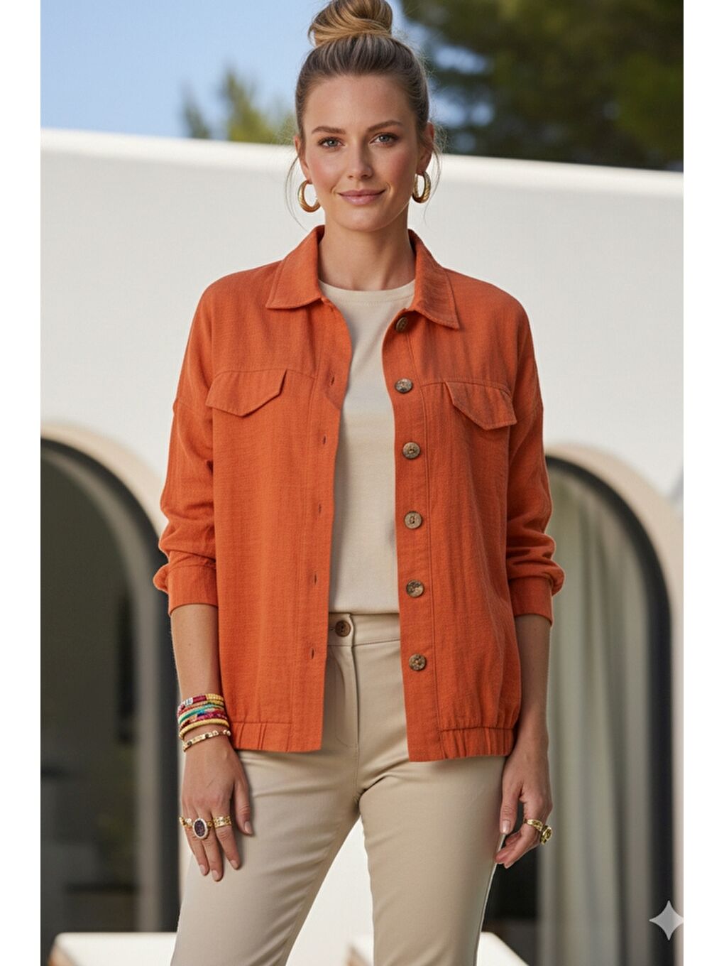 Turuncu Gömlek Yaka Manşetli Kollu Çift Kapaklı Cepli Casual Keten Görünümlü Dokuma Ceket 65 65-1