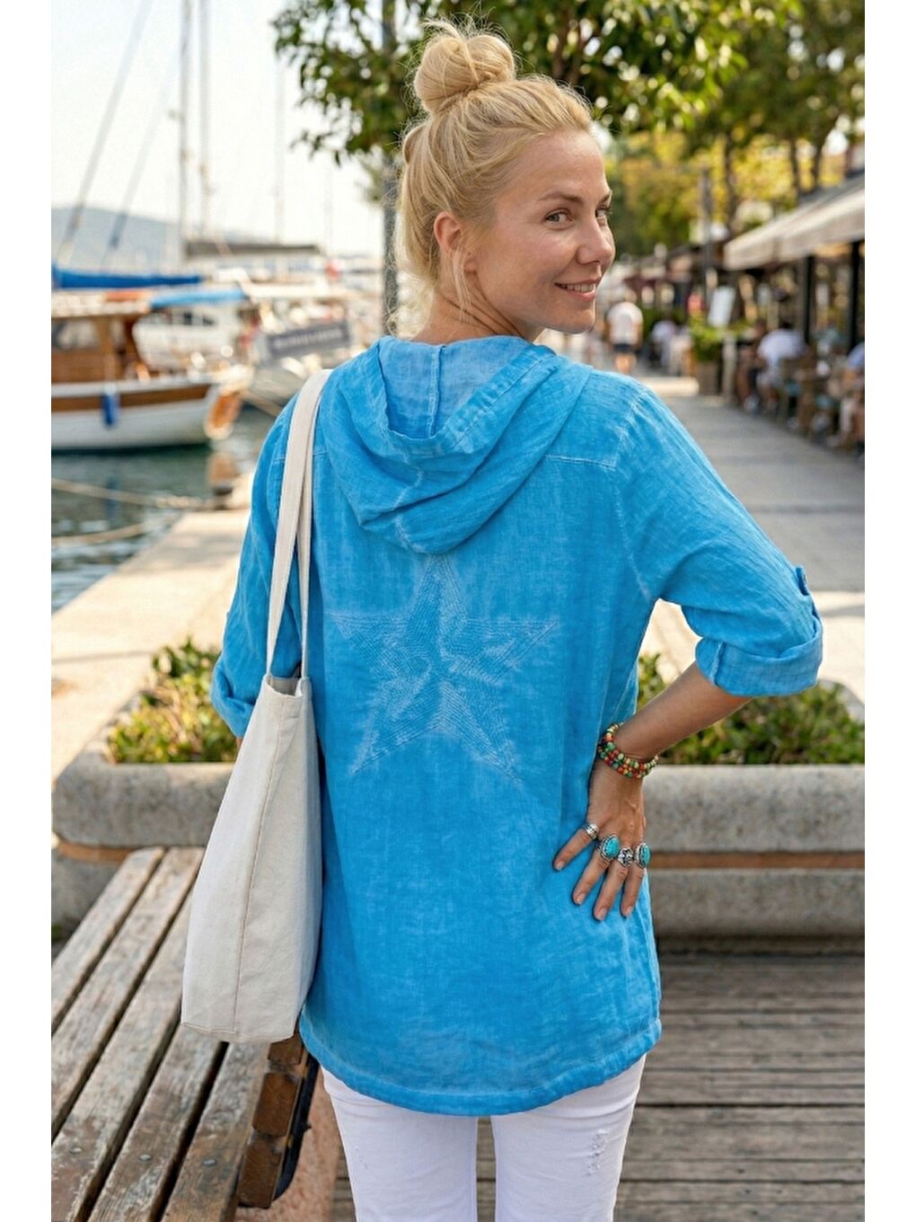 Turkuaz Uzun Kol Arkası Yıldız Desenli Omuzları File Ve Yıldız Detaylı Casual Dokuma Ceket 70 65-1