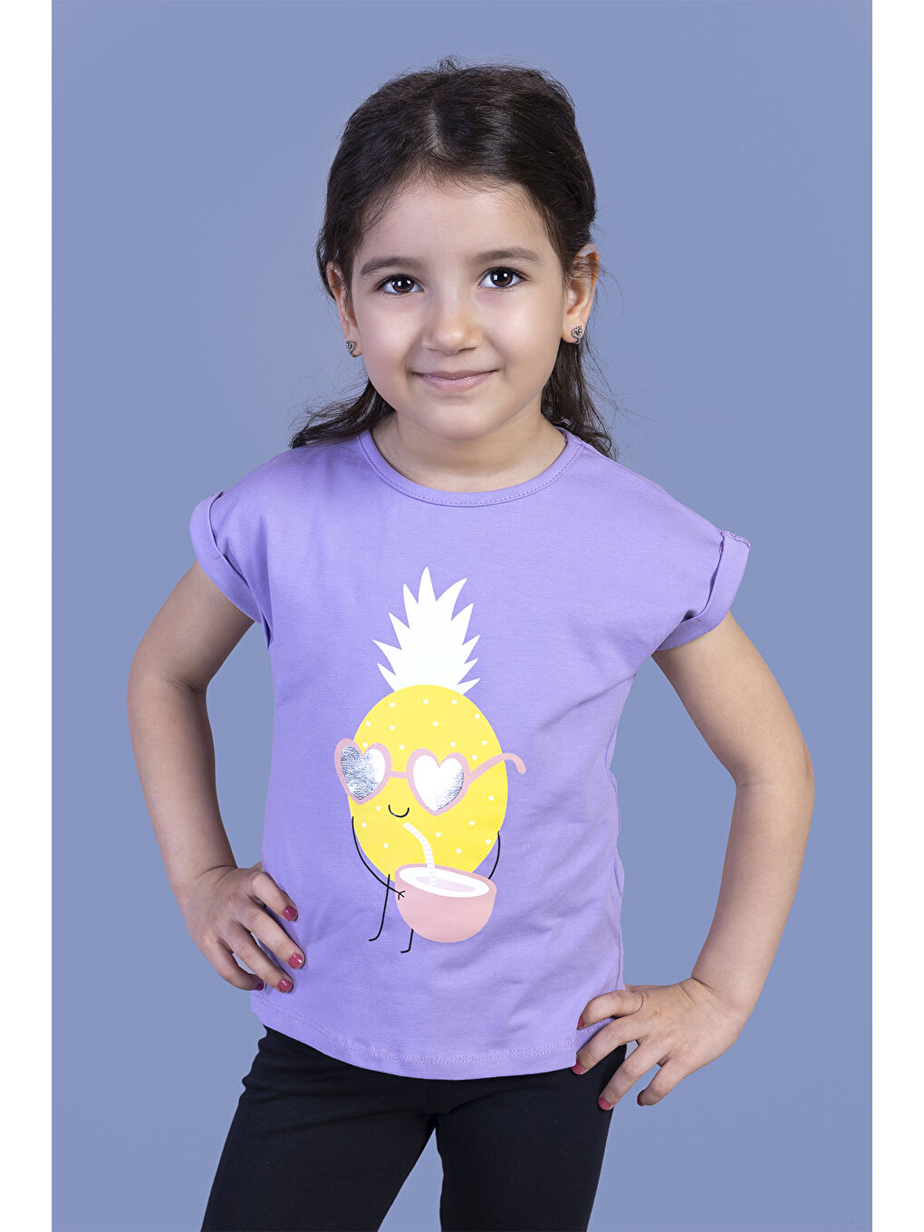 Lila Kız Çocuk Ananas Baskılı Tişört