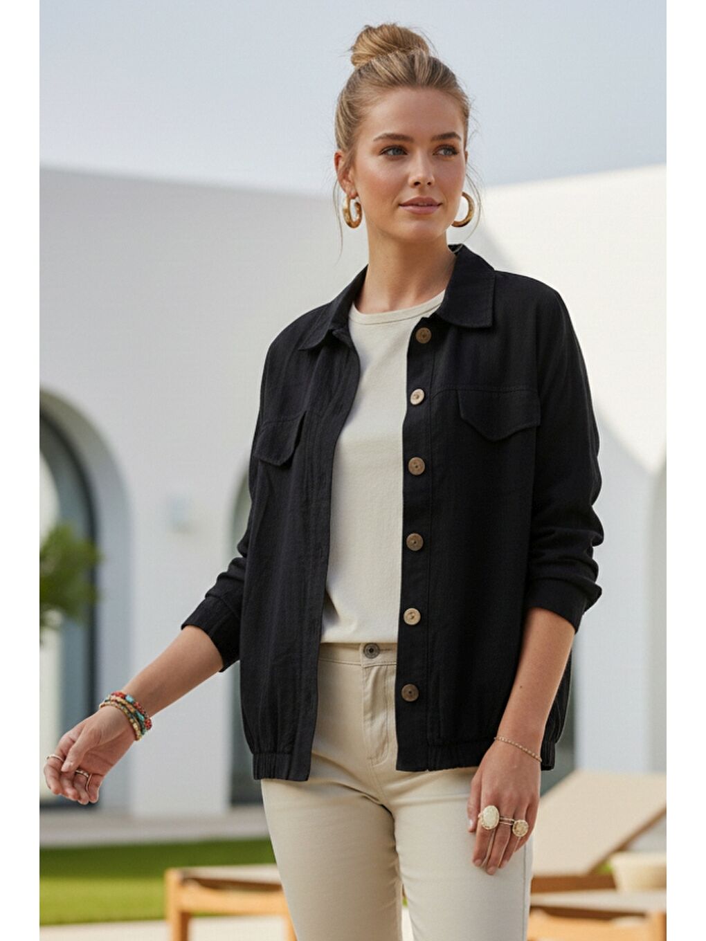 Siyah Gömlek Yaka Manşetli Kollu Çift Kapaklı Cepli Casual Keten Görünümlü Dokuma Ceket 65 65-3
