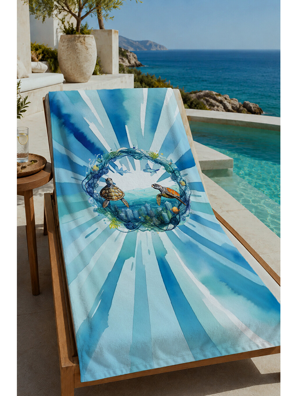 Mavi Beyaz Denizci Dümen Ve Deniz Manzarası Desenli 70x150 Cm Dijital Baskılı Plaj Ve Banyo Havlusu