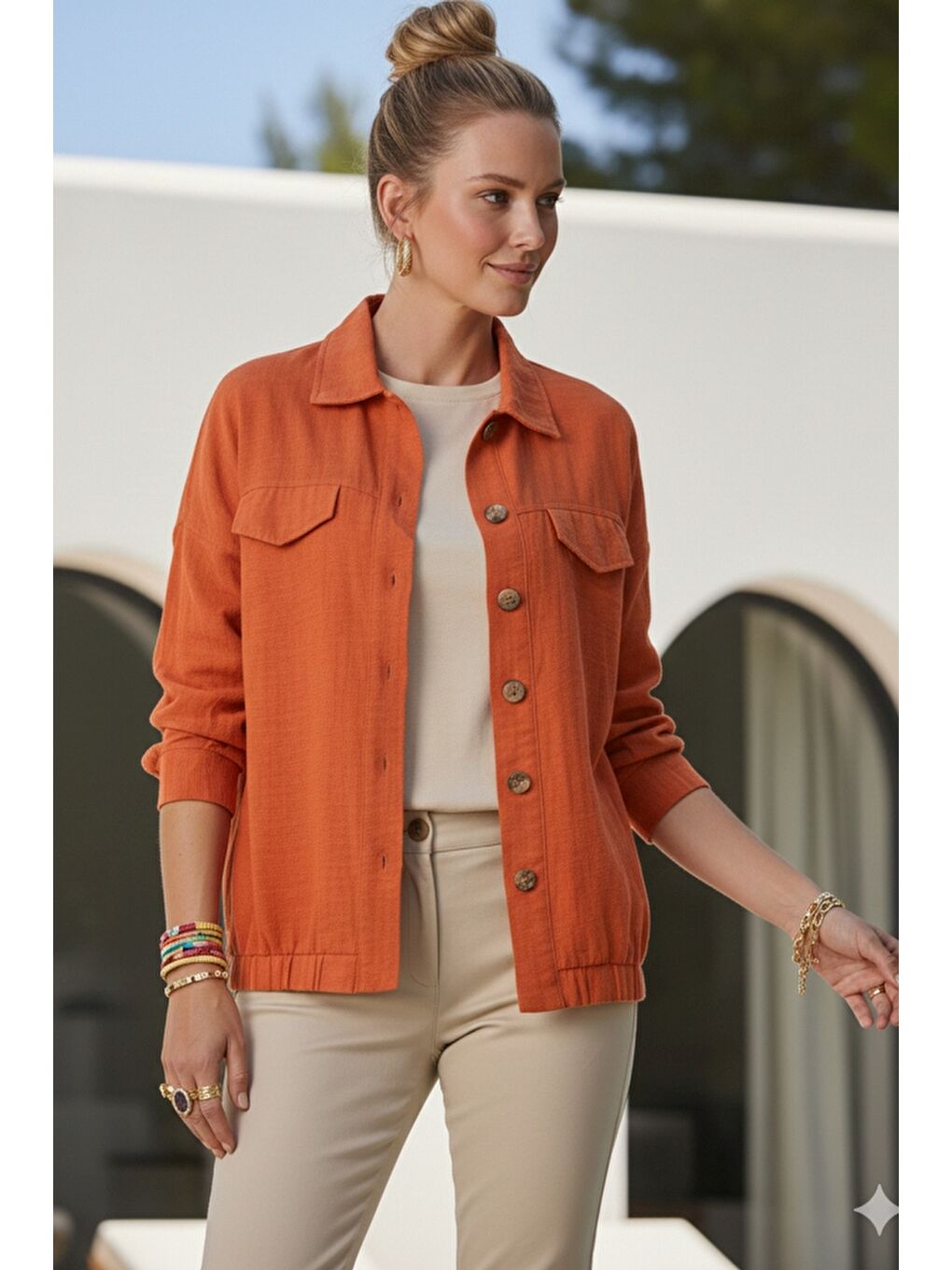 Turuncu Gömlek Yaka Manşetli Kollu Çift Kapaklı Cepli Casual Keten Görünümlü Dokuma Ceket 65 65-2