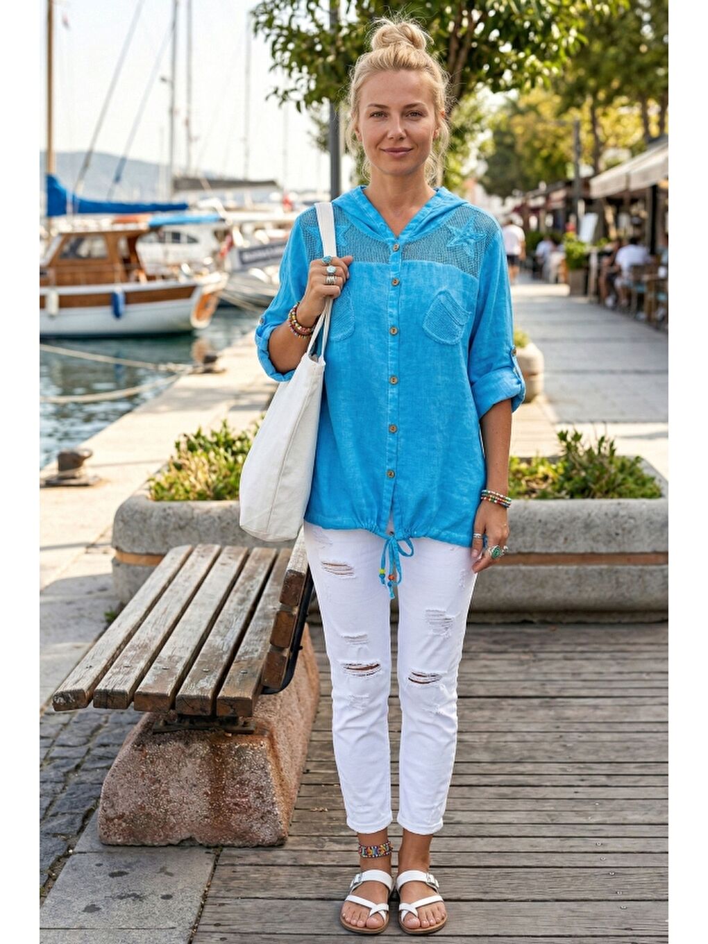 Turkuaz Uzun Kol Arkası Yıldız Desenli Omuzları File Ve Yıldız Detaylı Casual Dokuma Ceket 70 65-2