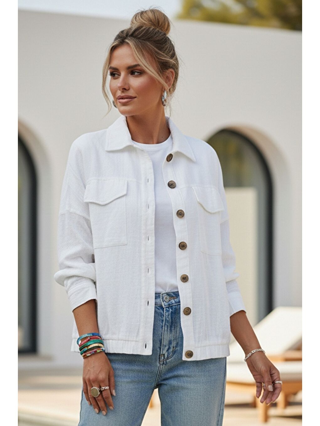 Beyaz Gömlek Yaka Manşetli Kollu Çift Kapaklı Cepli Casual Keten Görünümlü Dokuma Ceket 65 65-1