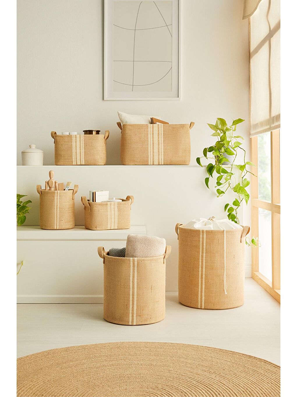 Bej 6'lı Çizgili Jüt Sepet Set