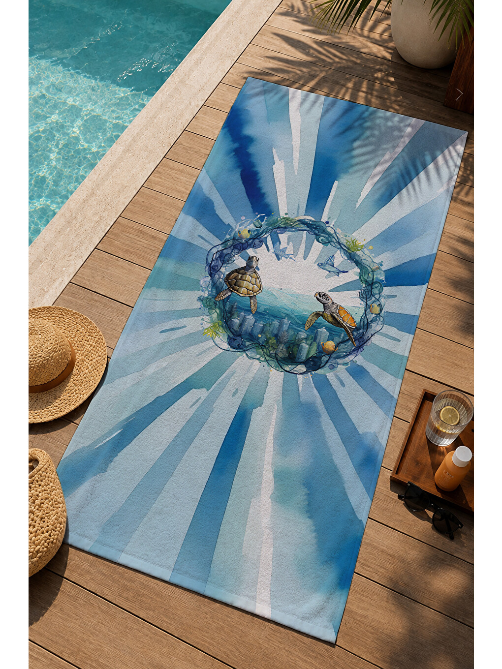 Mavi Beyaz Denizci Dümen Ve Deniz Manzarası Desenli 70x150 Cm Dijital Baskılı Plaj Ve Banyo Havlusu-2