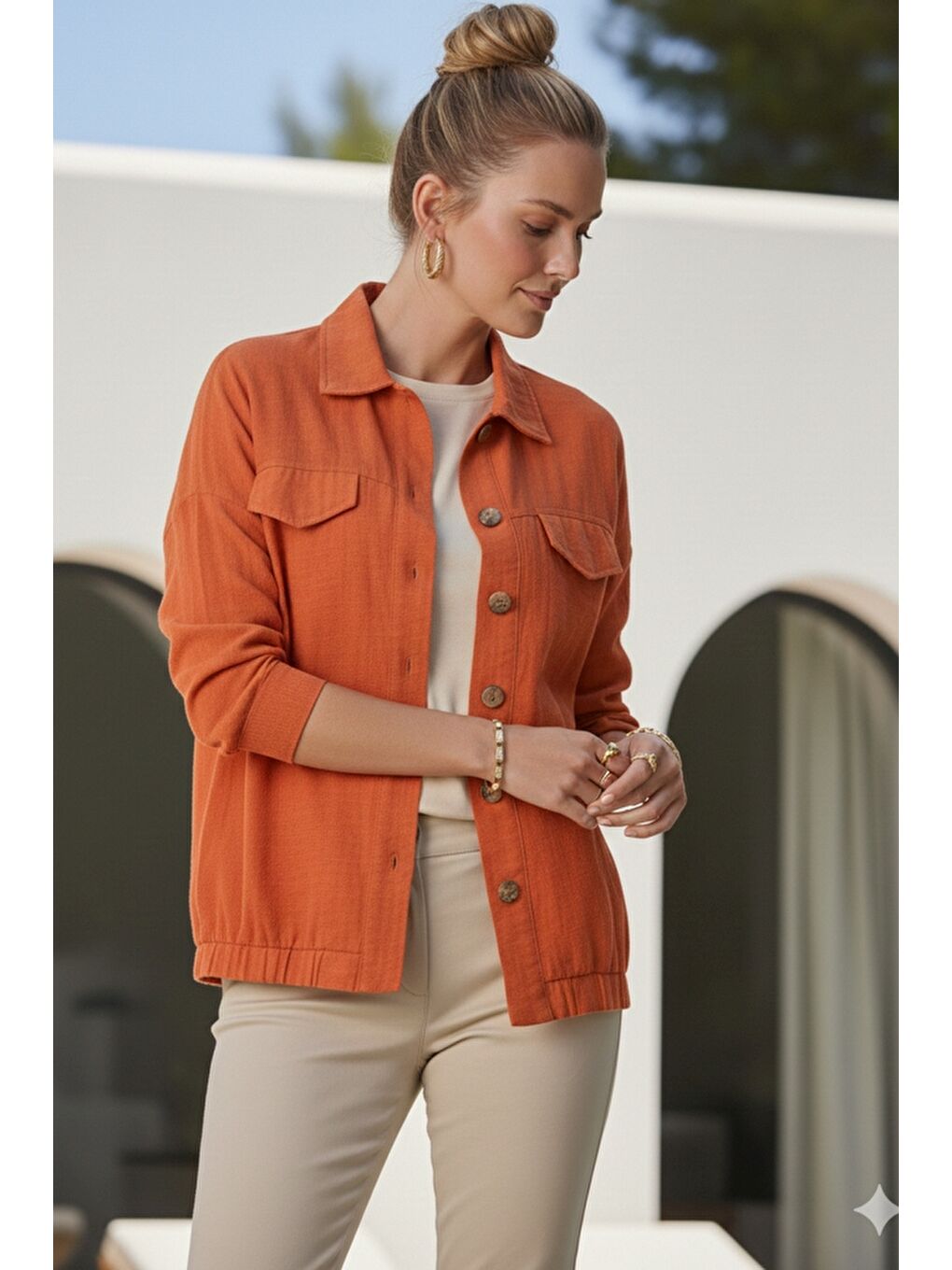 Turuncu Gömlek Yaka Manşetli Kollu Çift Kapaklı Cepli Casual Keten Görünümlü Dokuma Ceket 65 65-3