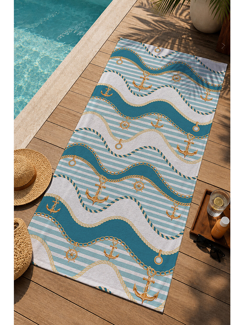Petrol Mavisi Bej Dalgalı Çizgi Desenli 70x150 Cm Dijital Baskılı Plaj Ve Banyo Havlusu-2