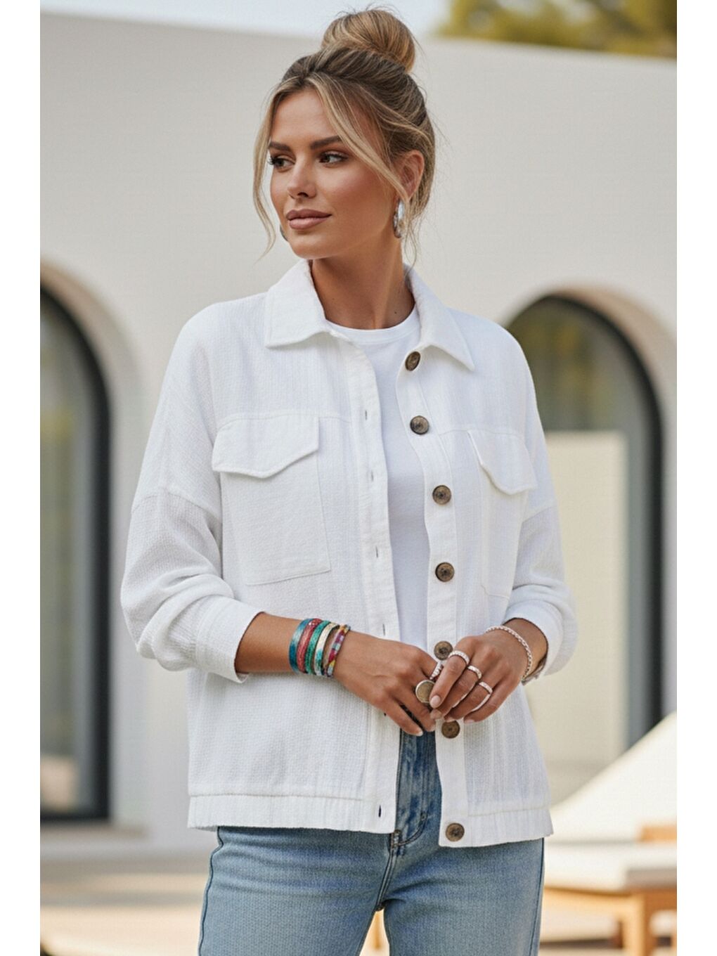Beyaz Gömlek Yaka Manşetli Kollu Çift Kapaklı Cepli Casual Keten Görünümlü Dokuma Ceket 65 65-2