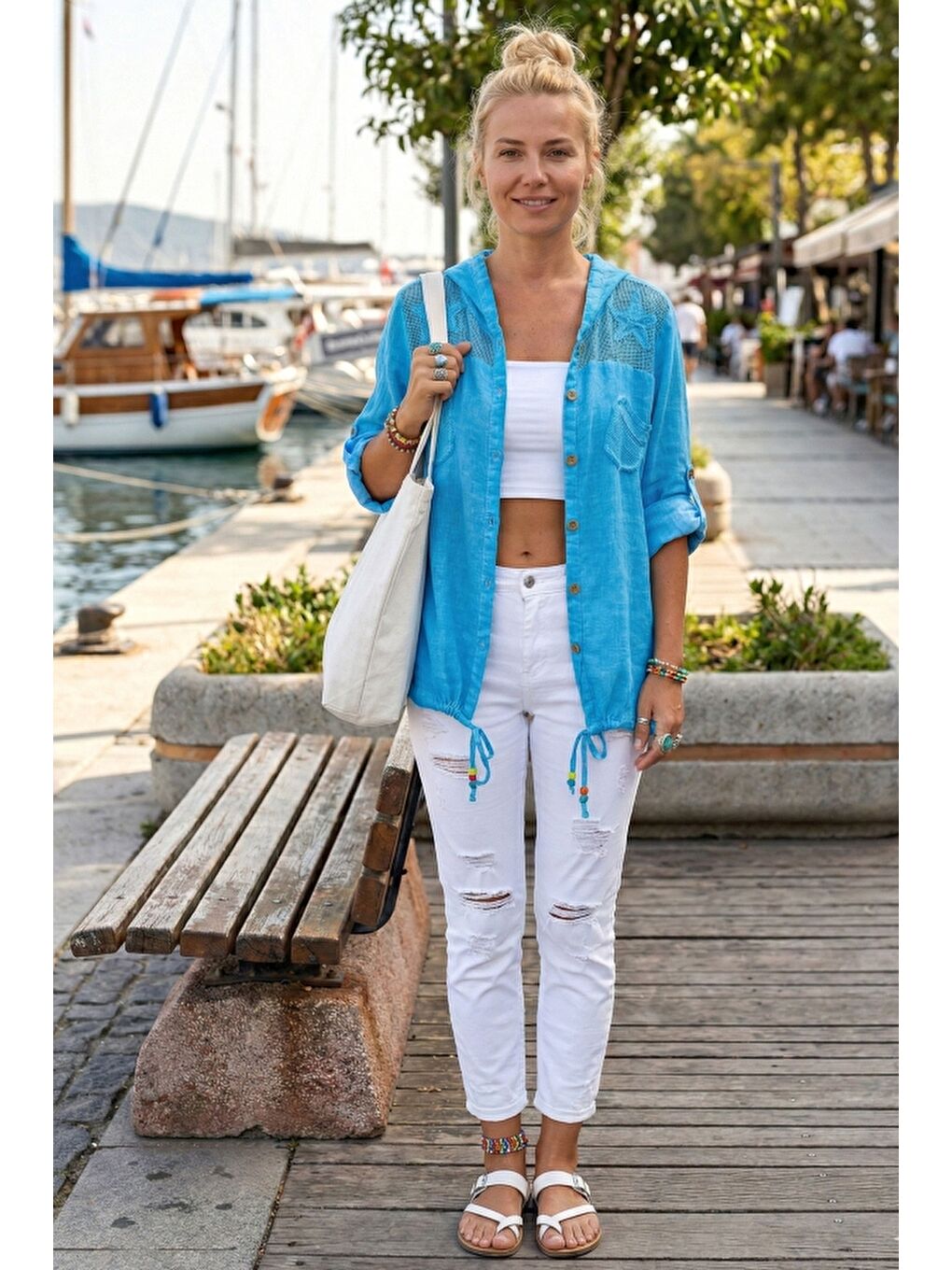 Turkuaz Uzun Kol Arkası Yıldız Desenli Omuzları File Ve Yıldız Detaylı Casual Dokuma Ceket 70 65-3