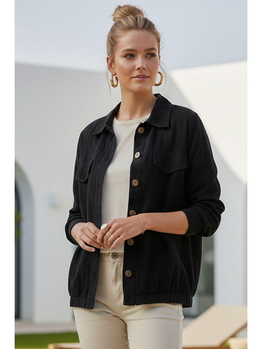 Siyah Gömlek Yaka Manşetli Kollu Çift Kapaklı Cepli Casual Keten Görünümlü Dokuma Ceket 65 65-4