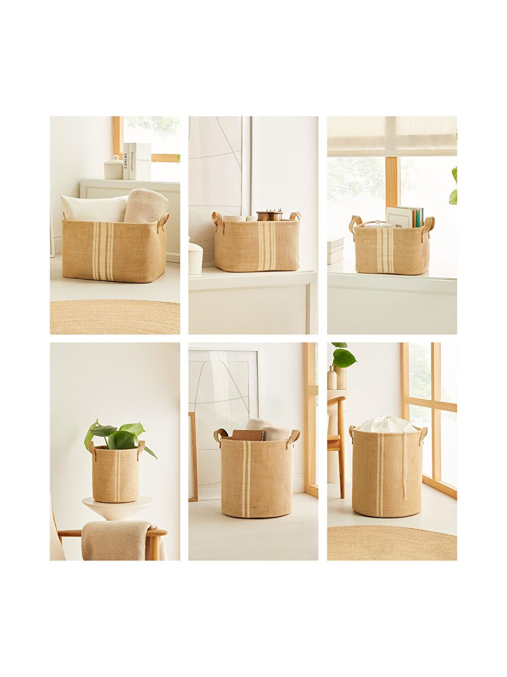 Bej 6'lı Çizgili Jüt Sepet Set-1