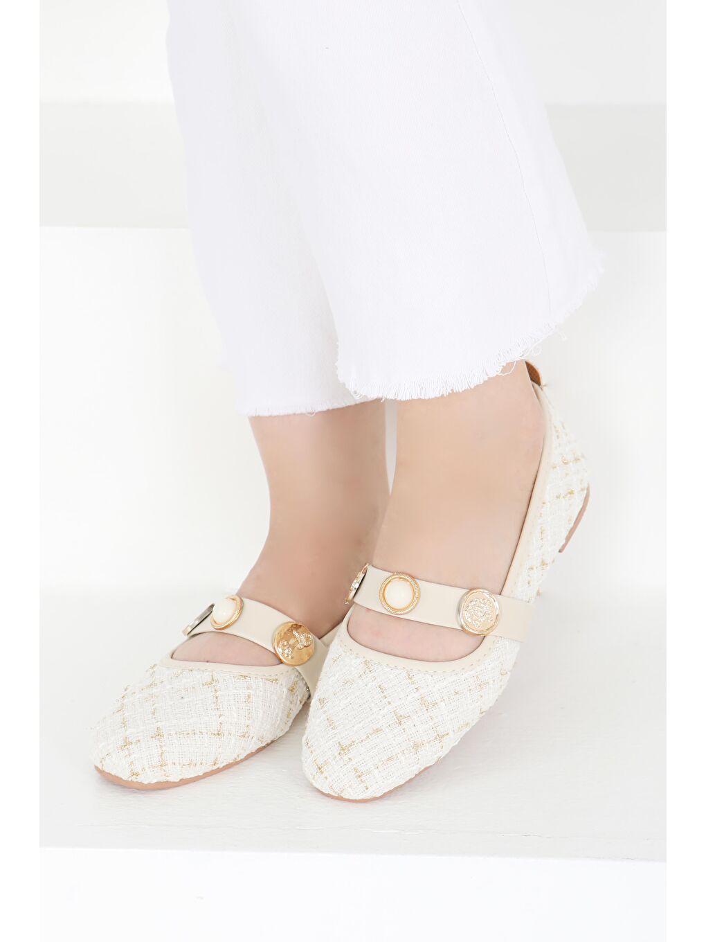 Ekru Kadın Krem Pul İncili Babet - 27413