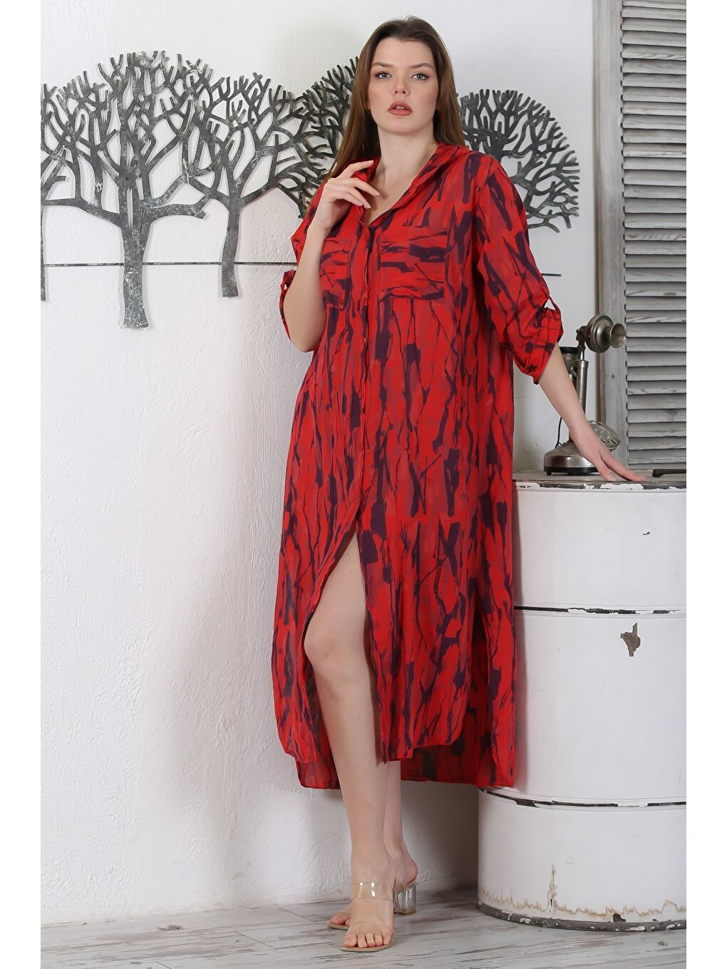 İtalyan Koyu Kırmızı Düğmeli Uzun Kollu Desenli Çift Cepli Kapüşonlu Dokuma Yazlık Elbise 130 65-1