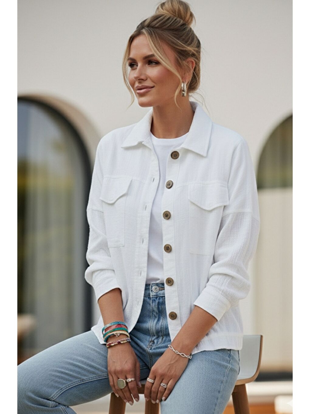 Beyaz Gömlek Yaka Manşetli Kollu Çift Kapaklı Cepli Casual Keten Görünümlü Dokuma Ceket 65 65-3