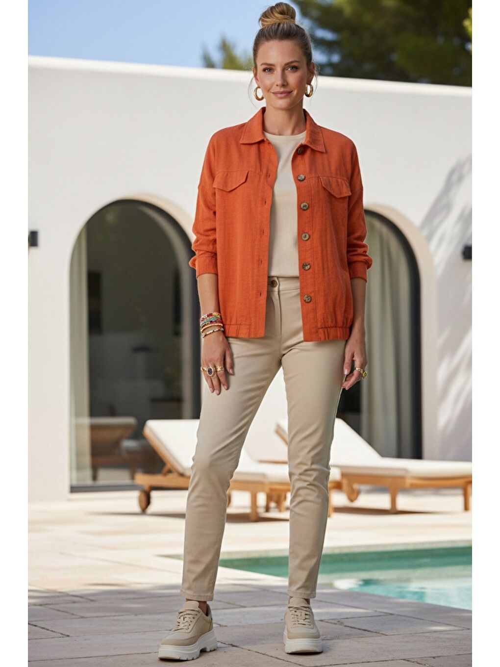 Turuncu Gömlek Yaka Manşetli Kollu Çift Kapaklı Cepli Casual Keten Görünümlü Dokuma Ceket 65 65-4