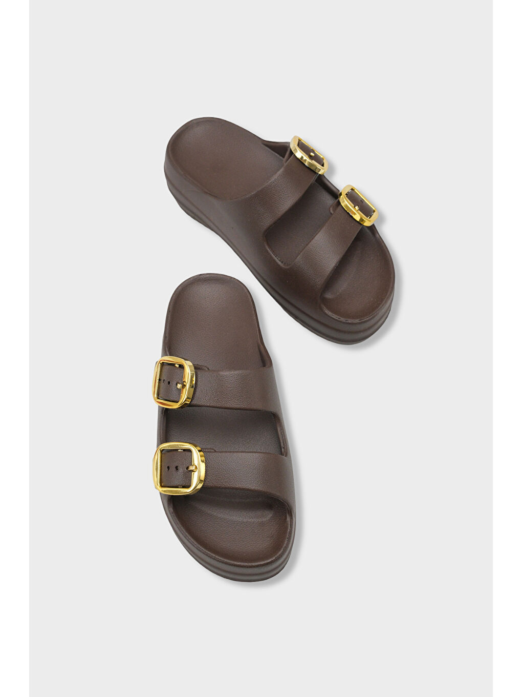 Kahverengi Nicki Eva Çift Tokalı Dolgu Tabanlı Kadın Terlik-5