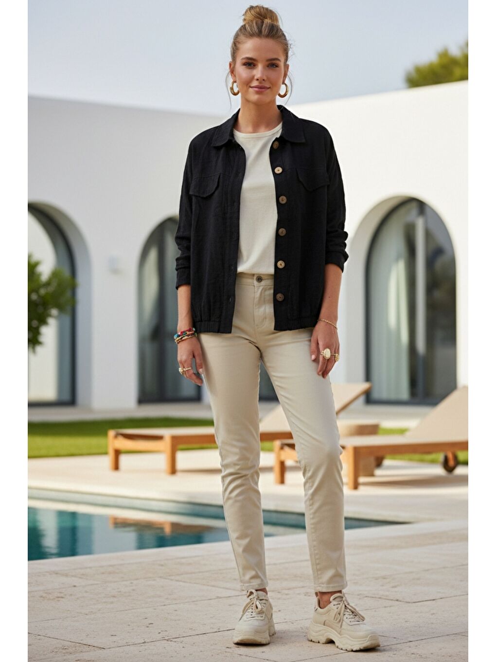 Siyah Gömlek Yaka Manşetli Kollu Çift Kapaklı Cepli Casual Keten Görünümlü Dokuma Ceket 65 65-5