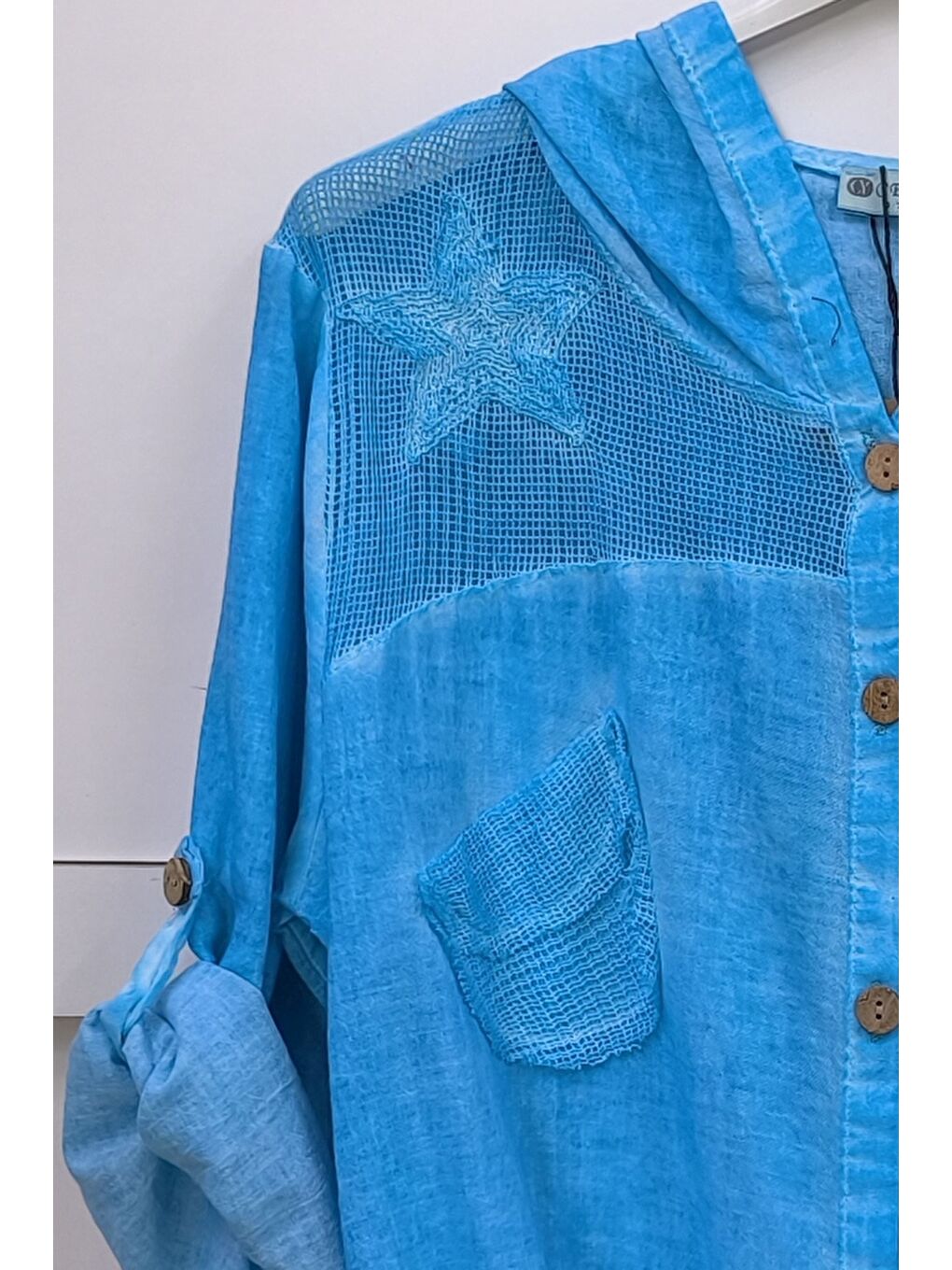 Turkuaz Uzun Kol Arkası Yıldız Desenli Omuzları File Ve Yıldız Detaylı Casual Dokuma Ceket 70 65-4