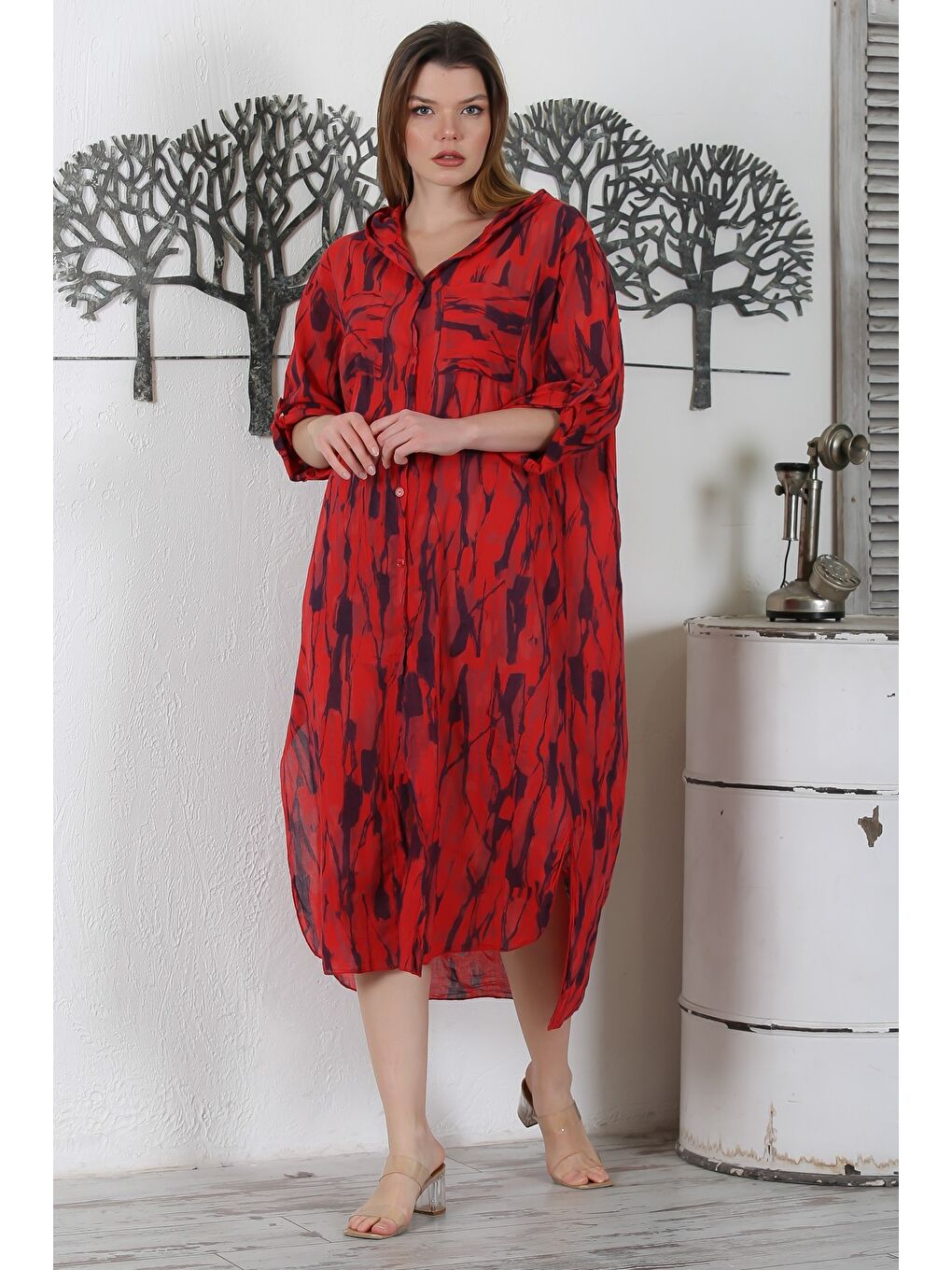 İtalyan Koyu Kırmızı Düğmeli Uzun Kollu Desenli Çift Cepli Kapüşonlu Dokuma Yazlık Elbise 130 65-3