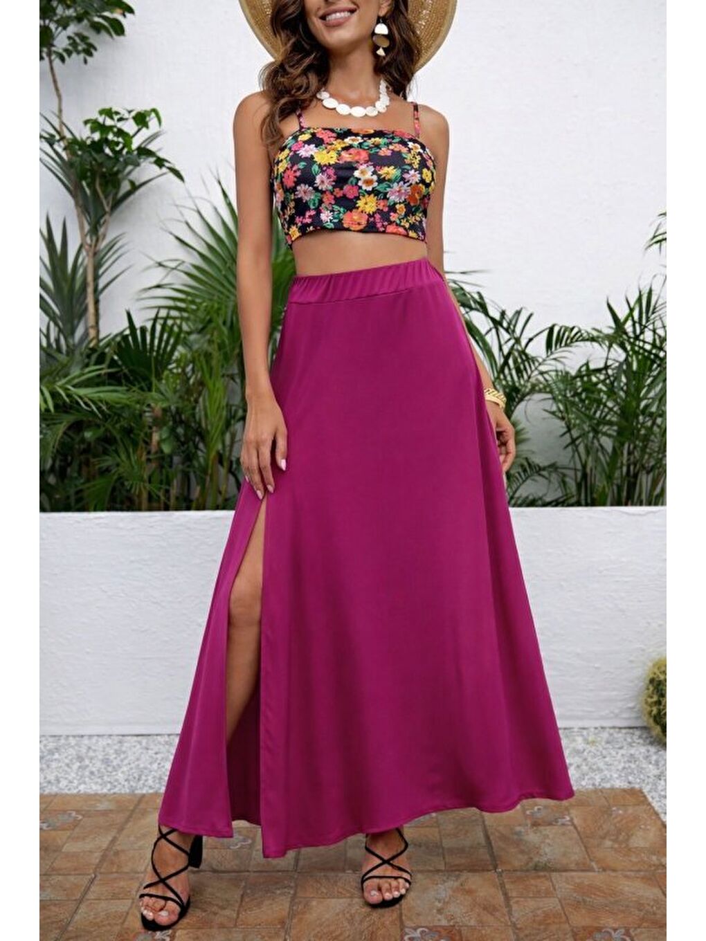 Pembe Kadın Yüksek Bel Yandan Yırtmaçlı Uzun Sandy Etek-1