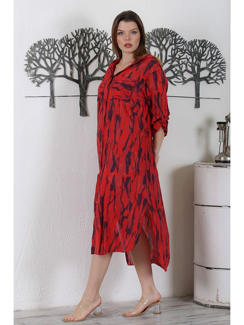 İtalyan Koyu Kırmızı Düğmeli Uzun Kollu Desenli Çift Cepli Kapüşonlu Dokuma Yazlık Elbise 130 65-4