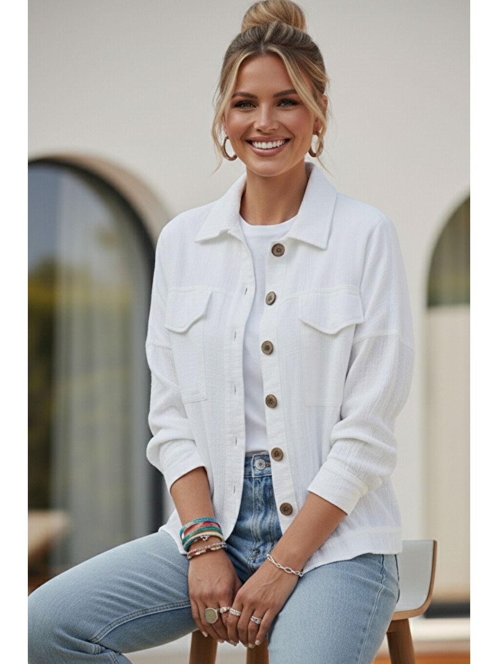 Beyaz Gömlek Yaka Manşetli Kollu Çift Kapaklı Cepli Casual Keten Görünümlü Dokuma Ceket 65 65-4