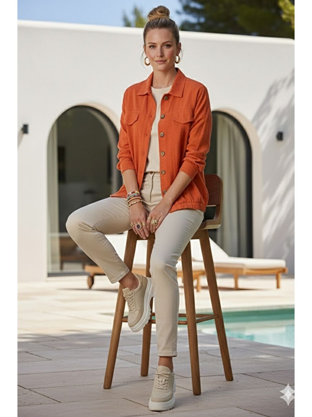 Turuncu Gömlek Yaka Manşetli Kollu Çift Kapaklı Cepli Casual Keten Görünümlü Dokuma Ceket 65 65-5