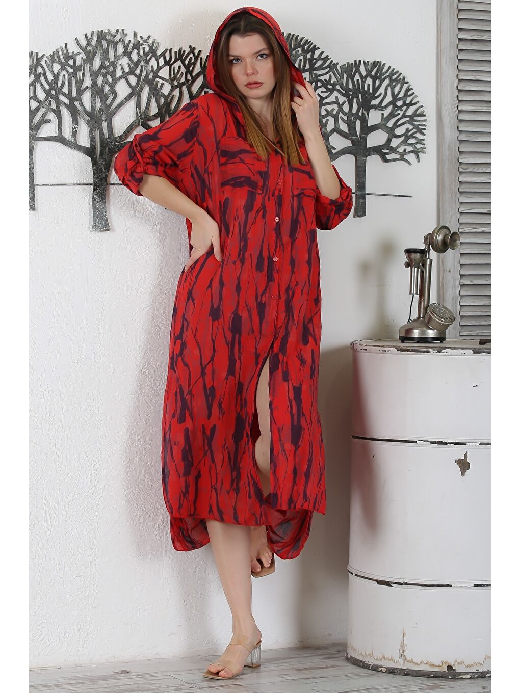 İtalyan Koyu Kırmızı Düğmeli Uzun Kollu Desenli Çift Cepli Kapüşonlu Dokuma Yazlık Elbise 130 65-6