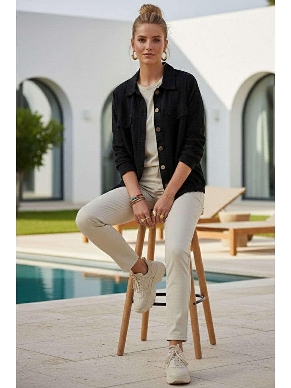 Siyah Gömlek Yaka Manşetli Kollu Çift Kapaklı Cepli Casual Keten Görünümlü Dokuma Ceket 65 65-6