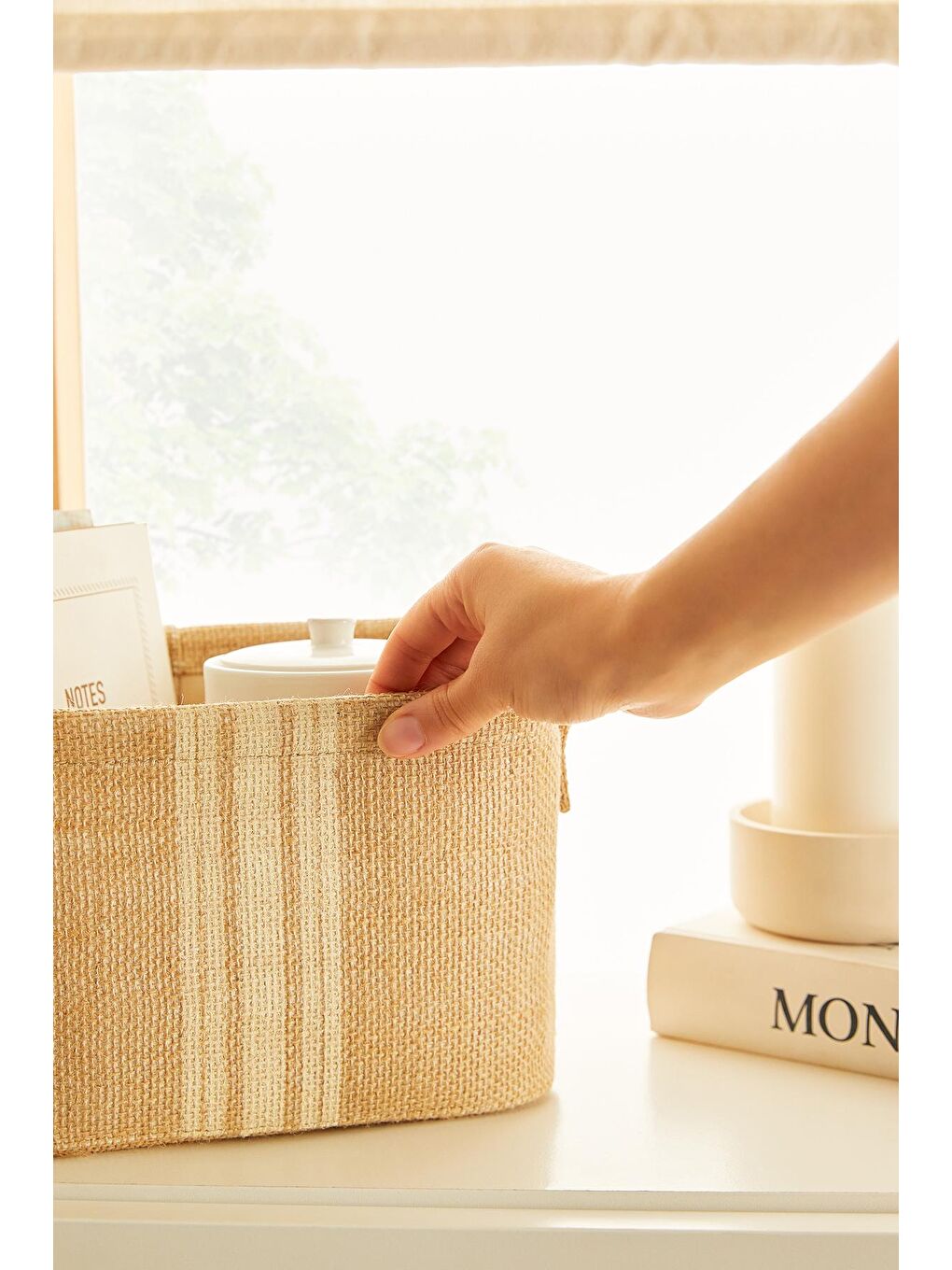 Bej 6'lı Çizgili Jüt Sepet Set-3