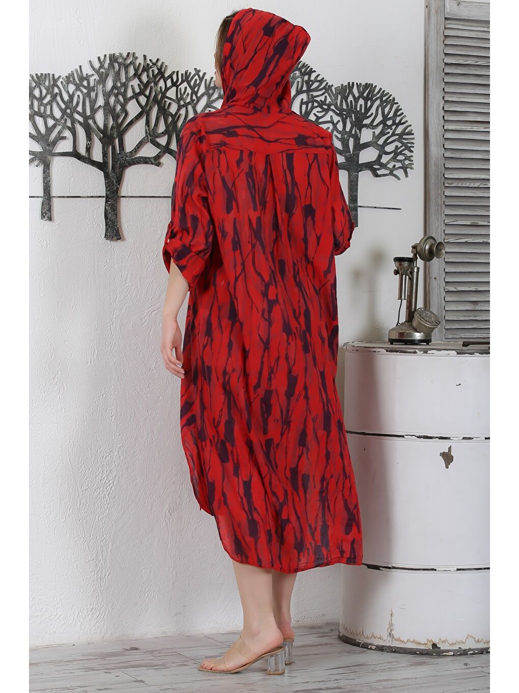 İtalyan Koyu Kırmızı Düğmeli Uzun Kollu Desenli Çift Cepli Kapüşonlu Dokuma Yazlık Elbise 130 65-7