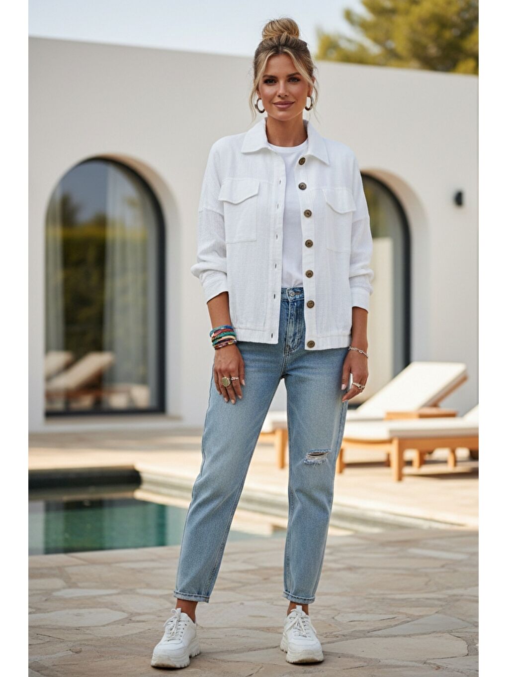 Beyaz Gömlek Yaka Manşetli Kollu Çift Kapaklı Cepli Casual Keten Görünümlü Dokuma Ceket 65 65-5
