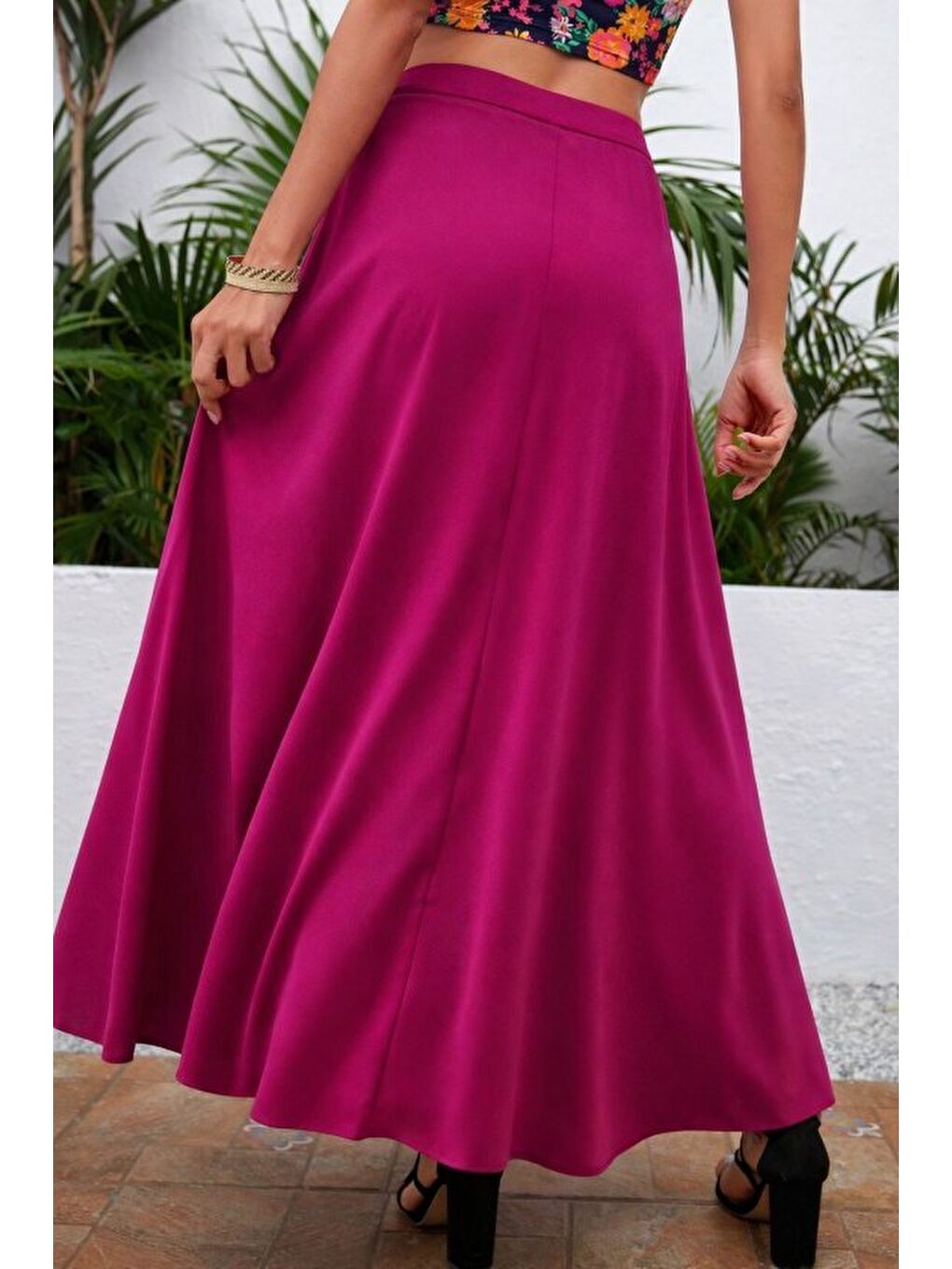 Pembe Kadın Yüksek Bel Yandan Yırtmaçlı Uzun Sandy Etek-2